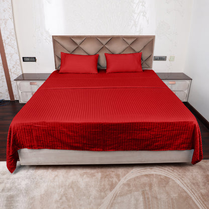 Red Satin Stripe Glace Cotton Flat Bedsheet with Pillow Cover