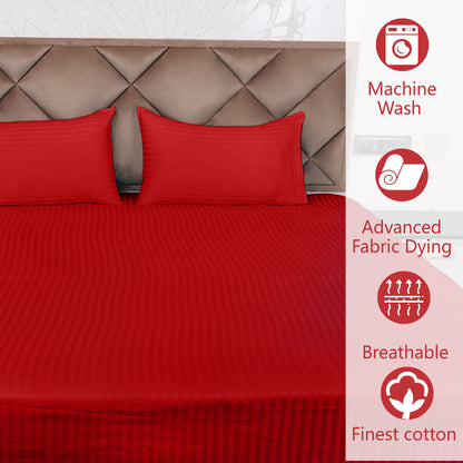 Red Satin Stripe Glace Cotton Flat Bedsheet with Pillow Cover