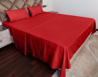 Red Satin Stripe Glace Cotton Flat Bedsheet with Pillow Cover