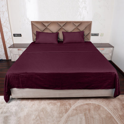 Wine Satin Stripe Glace Cotton Flat Bedsheet with Pillow Cover