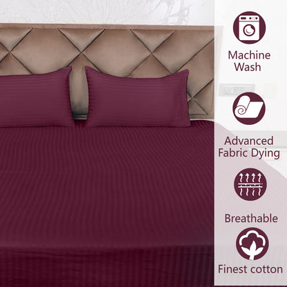 Wine Satin Stripe Glace Cotton Flat Bedsheet with Pillow Cover