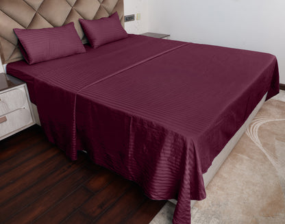 Wine Satin Stripe Glace Cotton Flat Bedsheet with Pillow Cover